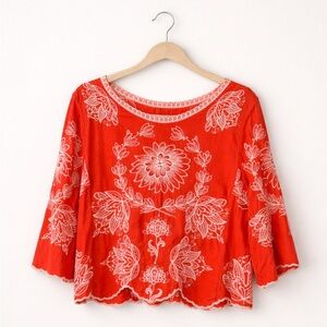 SOLITAIRE | Red Blouse with White Embroidery